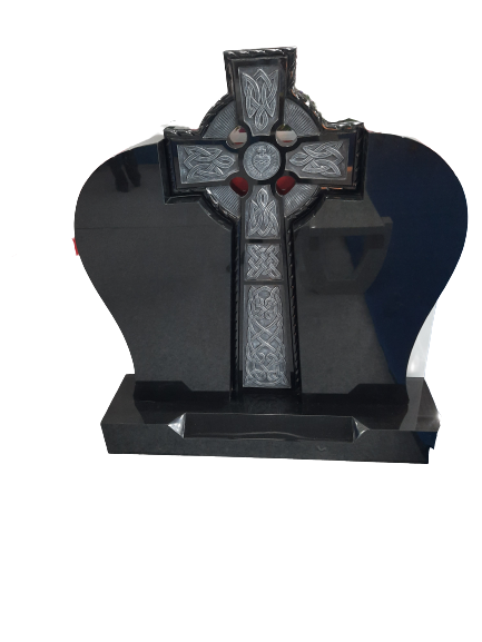 Black headstone with engraved cross